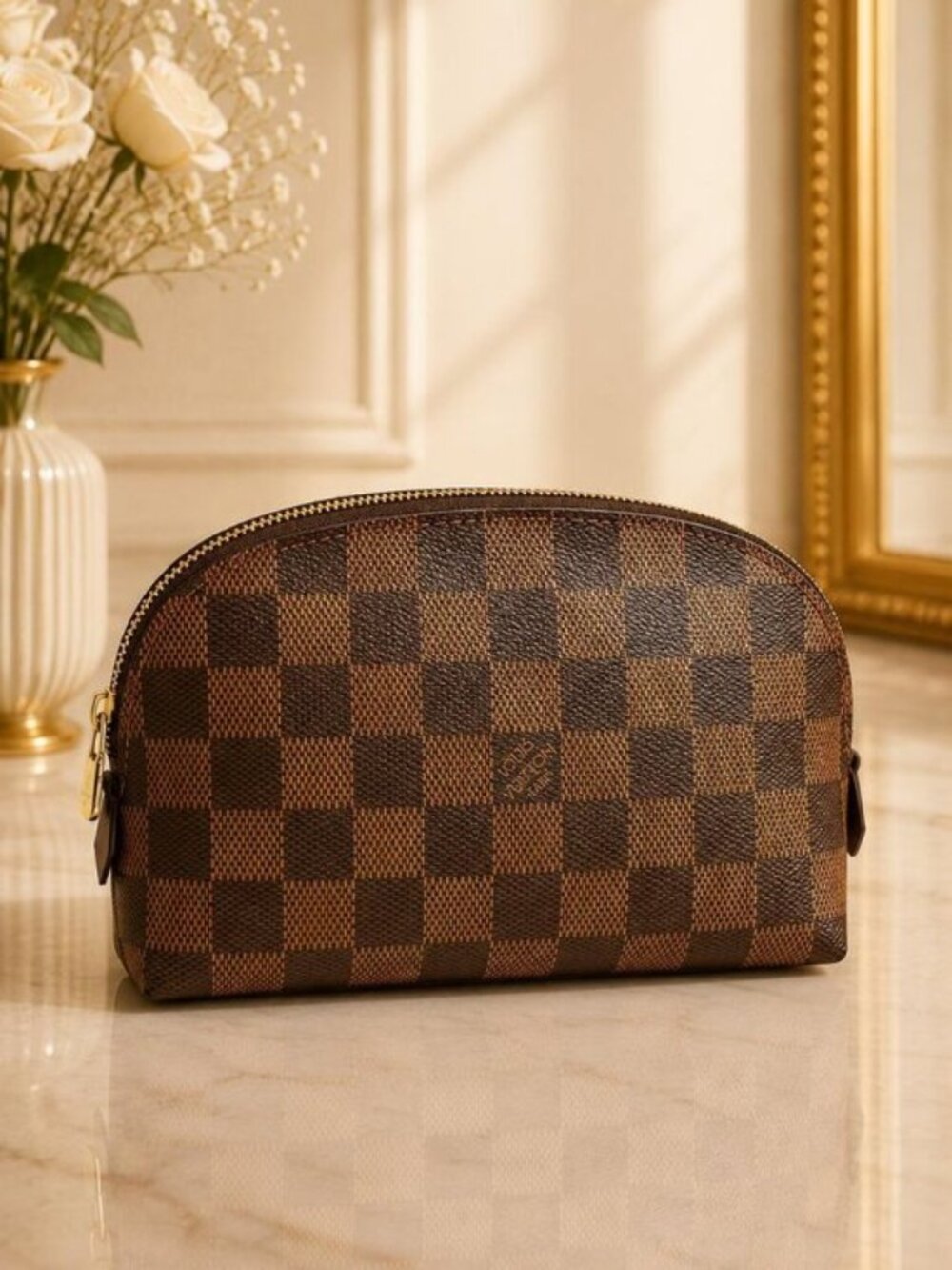 Authentic Louis Vuitton Cosmetic Pochette Damier Ebene Makeup Pouch Brown Canvas